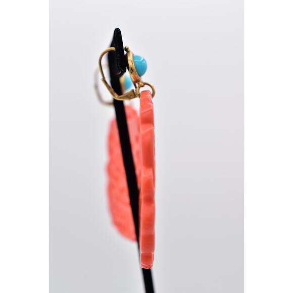 KJL Coral Carved Resin Cutout Drop Earrings Turquoise Oriental Signed Y2K BinBF - Picture 9 of 12